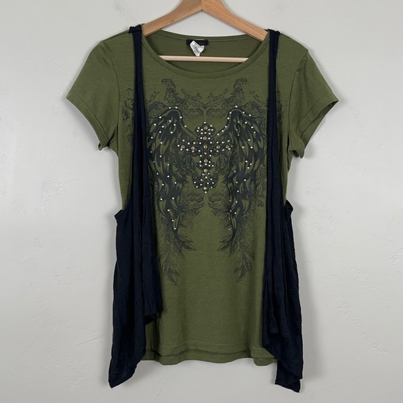 Candy Rain Tops - Y2K Womens Y2K Cyber Grunge Indie Sleaze Top Sz L Studded Wings Cross Rhinestone